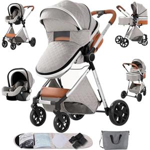 Sianldcone Passeggino 3 in 1 Trio Neonati, Tessuti di Alta Qualità Carrozzina per Neonato, Spinta Bidirezionale Passeggino Reversibile, Visione Aperta Passeggino Trolley (V9 Light Grey)