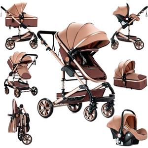 Sianldcone Passeggino 3 in 1 Trio Neonati, Tessuti di Alta Qualità Carrozzina per Neonato, Spinta Bidirezionale Passeggino Reversibile, Visione Aperta Passeggino Trolley (739 Beige)