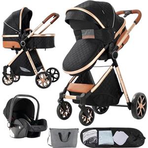 Nine point nine Trio Passeggino Neonati, Passeggino 3 in 1 con Doppia Modalità Spinta Reversibile, Carrozzina per Neonati con Grande Nacelle, Passeggino Trio con Telaio in Alluminio (V9 Black)