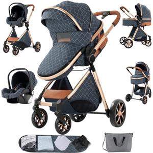 Sianldcone Passeggino 3 in 1 Trio Neonati, Tessuti di Alta Qualità Carrozzina per Neonato, Spinta Bidirezionale Passeggino Reversibile, Visione Aperta Passeggino Trolley (V9 Blue)