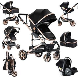 Sianldcone Passeggino 3 in 1 Trio Neonati, Tessuti di Alta Qualità Carrozzina per Neonato, Spinta Bidirezionale Passeggino Reversibile, Visione Aperta Passeggino Trolley (739 Black Gold)