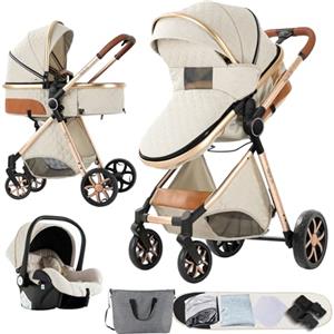 Nine point nine Trio Passeggino Neonati, Passeggino 3 in 1 con Doppia Modalità Spinta Reversibile, Carrozzina per Neonati con Grande Nacelle, Passeggino Trio con Telaio in Alluminio (V9 Creamy White)