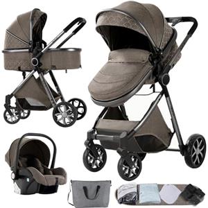 Nine point nine Trio Passeggino Neonati, Passeggino 3 in 1 con Doppia Modalità Spinta Reversibile, Carrozzina per Neonati con Grande Nacelle, Passeggino Trio con Telaio in Alluminio (V9 Chocolate)