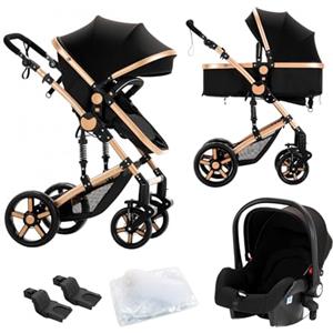 Nine point nine Trio Passeggino Neonati, Passeggino 3 in 1 con Doppia Modalità Spinta Reversibile, Carrozzina per Neonati con Grande Nacelle, Passeggino Trio con Telaio in Alluminio (588 Black Gold)