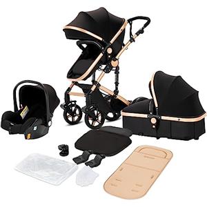 Sianldcone Passeggino 3 in 1 Trio Neonati, Tessuti di Alta Qualità Carrozzina per Neonato, Spinta Bidirezionale Passeggino Reversibile, Visione Aperta Passeggino Trolley (588 Black Gold)