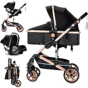 MoLi Passeggino Trio, Passeggino 3 in 1 con Doppia Modalità Push Reversibile, Trio Passeggino Neonati con Grande Navicella, Carrozzina per Neonati in Alluminio Pieghevole (739 Black Gold)