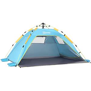 Outsunny Tenda Pop Up da Spiaggia con Finestre Richiudibili e Porta a Cerniera, Tenda da Esterno in Poliestere e Fibra di Vetro, 220x173x120 cm, Blu Chiaro e Giallo