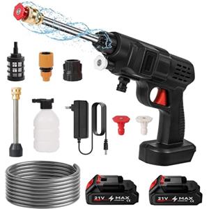 YEOOIYCW Pulitore ad alta pressione senza fili, 50 bar, idropulitrice ad alta pressione da 21 V con 5 m tubo e 2 ugelli, 1200 mahx5 pistola a getto d'acqua elettrica per auto casa giardino (2 batterie)
