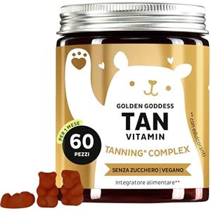 Bears with Benefits Caramelle Gommose Golden Goddess Tan Vitamin - Complesso Abbronzante - Vitamina C, E, Betacarotene, Calcio e Rame - 60 pezzi (1 mese) - Senza Zucchero, Vegano - Bears with Benefits