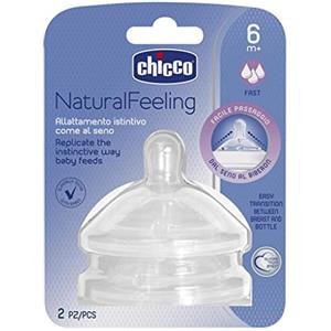 Chicco Set di 2 Tettarelle, Compatibili con Biberon Natural Feeling, 6 Mesi+, Flusso Veloce, Allattamento istintivo, Tettarelle con Doppia Valvola Anticolica, In Silicone Soft Sense, Trasparente
