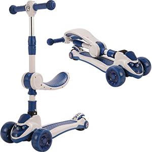 SHISHI Monopattino Bambino, Monopattino Evolutivo Regolabile, Monopattino con Manubrio Regolabile in Altezza, Ruote Illuminate e Sedile, Monopattino Musicale per Bambino da 2 a 10 Anni (Blu A con Sedile)