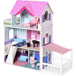 HOMCOM Casa delle Bambole in Legno, Casetta delle Bambole per Bambini a 3 Piani con 13 Accessori, Giocattolo per Bambini 3+ Anni