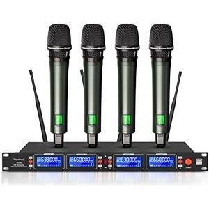 Depusheng Microfoni wireless Microfono palmare wireless dinamico professionale 4 canali, set per karaoke, ricezione a lunga distanza di 100 metri, Ottimo per palcoscenico festa matrimonio