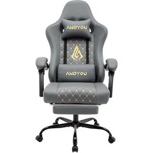 Andyou Sedia Gaming, Sedia da Ufficio Ergonomica, Sedia da Corsa Per PC, Pelle PU, Sedia Operativa Girevole Regolabile con Poggiapiedi, 130 kg, Gray