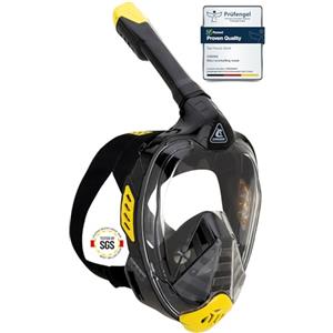 CRESSI Bali Full Face Mask Black/Yellow S/M-Maschera Snorkeling Integrale Unisex, Lente Ultra Chiara Anti Fog, 100% Silicone, Snorkel Dry con Valvole Sicurezza, Supporto Action Cam, Nero/Giallo, S/M