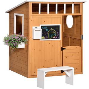 Outsunny Casetta per Bambini in Legno con Porta, Finestre, Panca e Portavasi, Casetta da Gioco per Giardino, 122x108x135.5cm Gialla|Aosom