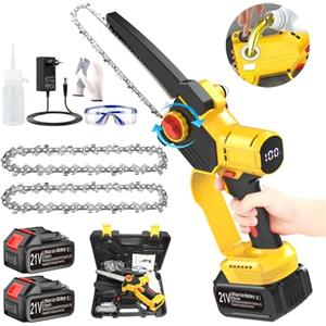 WISDOM LIFE Mini Motosega a Batteria 8 Pollici Motosega a Batteria con Pompetta Olio, Brushless Motosega Elettrica 21V Sega a Batteria per Potatura con Chiusure di Sicurezza A Destra e A Sinistra, Yellow,c