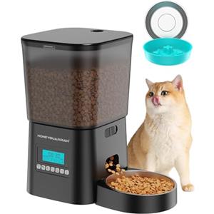 HoneyGuaridan Distributore Automatico di Cibo per Gatti con Ciotola in Acciaio Inox e Ciotola Anti-Goloso, Distributore di Croccantini da 3.5L con Timer, 1-6 Pasti al Giorno (Alimentazione Doppia)