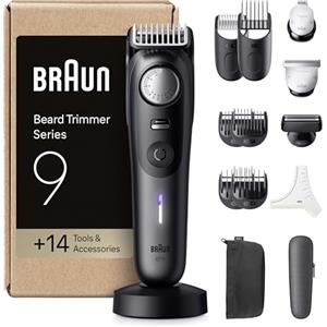 Braun Regolabarba Uomo Series 9, +14 Strumenti Da Barbiere, Modalità PowerBoost & Lama ProBlade Affilata A Vita, 180 Min, Selettore Di Precisione Con 52 Lunghezze, Impermeabile, BT9565, Titanio