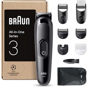 Braun Rifinitore All-In-One Series 3, Rasoio Elettrico Barba E Capelli 8In1, Con Lama Ultra Affilata, 14 Lunghezze, 50 Minuti di Autonomia, Styling Facile e Veloce Per Viso E Capelli, AIO3545 Nero