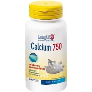 Longlife Calcium 750 mg - Integratore con 7 Sali di Calcio e Vitamina D per Ossa e Denti - 60 Tavolette Vegetariano e Senza Glutine