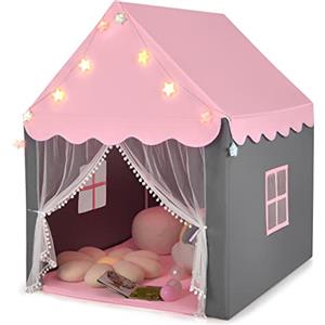 HOMASIS Tenda da Giochi per Bambini, Casetta per Bambini Interna con Tappeto Lavabile e Luci a Forma di Stella, Casa Giochi con Porta e Finestre, 105 x 121 x 136 cm (Rosa)