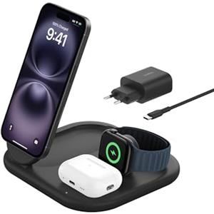 Belkin BoostCharge Caricabatteria magnetico pieghevole 3 in 1 con Qi2 da 15 W, caricatore rapido MagSafe per Apple iPhone 16/15, Apple Watch ed AirPods, base antiscivolo, alimentatore incluso, Nero