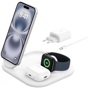 Belkin BoostCharge Caricabatteria magnetico pieghevole 3 in 1 con Qi2 da 15 W, caricatore rapido MagSafe per Apple iPhone 16/15, Apple Watch ed AirPods, base antiscivolo, alimentatore incluso, Bianco