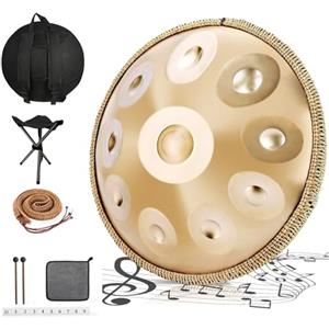 QSMGRBGZ Handpan 440 Hz Re Minore, 10 Note 22 Pollici Tamburo a Lingue in Acciaio, con Borsa Morbida, Mazze Per, Tripode, Panno Antipolvere, percussioni Armoniche per Guarigione Attraverso il Suono, Yoga