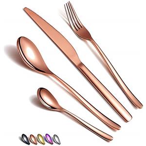 HOMQUEN Set di Posate In Oro Rosa 24 Pezzi, Set di Posate in Rame in Acciaio Inossidabile, Set di Posate in Oro Rosa Con Placcatura In Titanio, Set di Utensili in Rame Set di Servizi Per 6 (Rame Lucido)