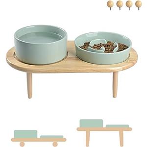 SPUNKYJUNKY Set di ciotole per cani in ceramica con supporto in bambù per cani e gatti (verde chiaro + verde chiaro)