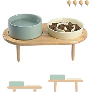 SPUNKYJUNKY Set di ciotole per cani in ceramica con supporto in bambù per cani e gatti (beige + verde chiaro)