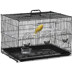 PawHut Gabbia per Uccelli con 2 Posatoi e 3 Ingressi, Voliera Gabbietta per Uccellini con Vassoio e 2 contenitori per cibo, in Filo Metallico e Plastica, 60x41x41 cm, Nero