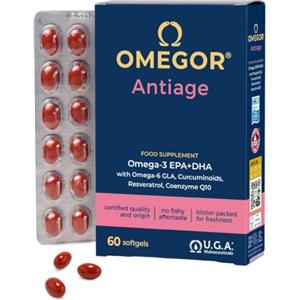 OMEGOR Antiage con Omega 3 e 6 - Integratore Pelle Antiossidante contro i Segni dell'Invecchiamento con Coenzima Q10, Resveratrolo, Alfa Lipoico e Curcuma (60 Capsule)