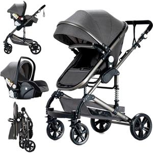 Doraystar Passeggino 3 in 1, Passeggino Trio con Due Modalità di Spinta Reversibile, Trio Passeggino Neonati con Design Pieghevole in Un Clic, Trio Neonato con Grande Nacelle Comoda (739 Grey)