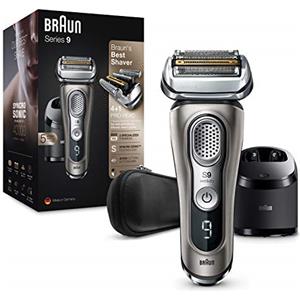 Braun Series 9 9385cc Rasoio da Barba Elettrico senza Fili, Base di Ricarica e Custodia da Viaggio in Pelle, Rasoio a Lamina, Batteria Li-Ion - Rasatura Duratura (60 min), 100% Impermeabile, Grafite