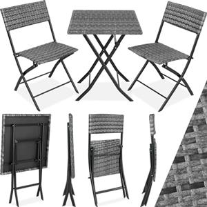 TecTake® Set 3 Pezzi Trevi in Rattan, 1 Tavolo con 2 Sedie, Protezione dai Raggi UV, Ripiegabile, Design Moderno, Set Giardino, Terrazzo, Balcone, Campeggio - Grigio