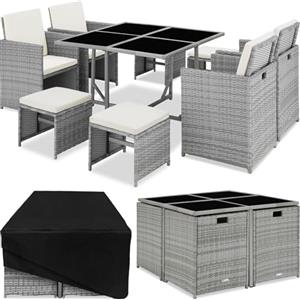 TecTake® Set di Mobili in Rattan Bilbao, 4 Sedie e 4 Sgabelli con Tavolo, Struttura in Acciaio e Poly Rattan Resistente, Ideale per Giardino e Terrazzo, Mobili da Esterno - Grigio Chiaro