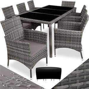 TecTake® Set di Mobili Giardino, Set Sedie, 8 Sedie, 1 Tavolo, Cuscini Morbidi, Terrazza Esterni, Coperchio di Protezione, Arredo Giardino, Poli Rattan Arredamento - Grigio-Mélange/Grigio