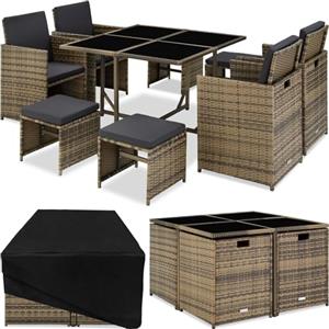 TecTake® Set di Mobili in Rattan Bilbao, 4 Sedie e 4 Sgabelli con Tavolo, Struttura in Acciaio e Poly Rattan Resistente, Ideale per Giardino e Terrazzo, Mobili da Esterno - Naturale