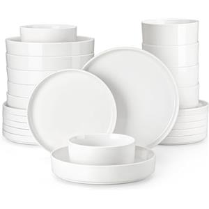 MALACASA Servizio di Piatti in Porcellana per 6 Persone, 24 Pezzi con Piatti Piani ∅ 26 cm e Piatti da Dessert ∅ 21 cm, Ciotole per Cereali da 760 ml e per Pasta da 1240 ml, Colore Bianco, Serie LEAH