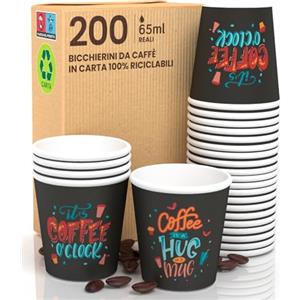 Eurocali 200 Bicchierini in Carta per caffè 65ml Coffee O'Clock Bicchieri Ecologici Biodegradabili Monouso Piccoli Asporto Bevande Calde