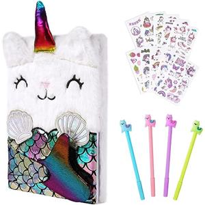 OFFCUP Quaderno Peluche con Unicorno, Diario Segreto, Unicorno Bambina Regalo, Set di Diari per Bambine con 4Pcs Penna Gel Carina e 10Pcs Adesivi Unicorno, Set Cancelleria Scuola per Scrivere Disegni