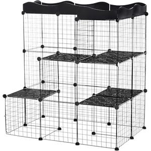 PawHut Recinto per Animali di Piccola Taglia Modulabile con Pannelli e Accessori, Gabbia per Animali in Acciaio e PP, per Gatti e Conigli, 105x70x116 cm, Nero