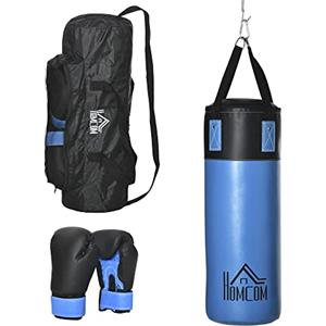 HOMCOM Set Sacco da Boxe Pieno da Appendere con Guantoni e Ganci, 102 cm Sacco per Pugilato e Kickboxing a 3 Strati con Borsa di Trasporto per Adulti, Blu