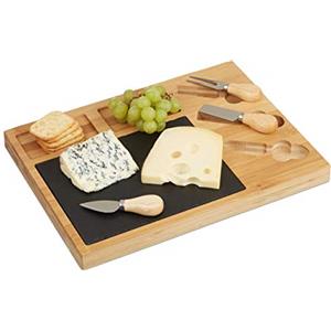 Relaxdays Set da Tavola, Vassoio in bambù & 3 Coltelli da Formaggio, Tagliere, HLP 3 x 40 x 30 cm, Naturale