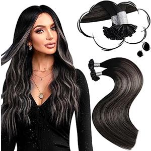 Moresoo Extension Capelli Veri Cheratina Balayage Nero Naturale all'Argento con Nero Naturale Remy Extension Cheratina 50 Ciocche #1B/Silver/1B 35 cm 40g