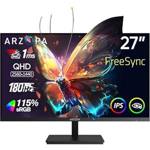 ARZOPA Monitor Gaming 27 Pollici 180Hz 2K QHD IPS 2560x1440 Schermo PC Gaming 1ms 115% sRGB, Eye Care, Compatible G-Sync, AMD FreeSync, Display Port1.4, HDMI 2.0, TYPE-C
