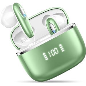 Ordtop Cuffie Bluetooth, 2024 Auricolari Bluetooth 5.3 con Stereo 3D Immersivo, Cuffie Wireless Cancellazione Rumore con 4 ENC Mic, 40 Ore Cuffie Senza Fili LED Display Cuffiette Bluetooth, Verde Scuro