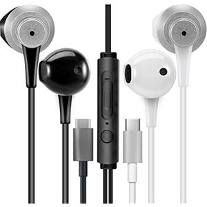 MAS CARNEY [Pacco da 2 TH4 Cuffiette USB Tipo C Filo, Auricolare in Ear USB C con Microfono per Samsung, Huawei, OPPO, Honor, Google Pixel e altri Smartphone con Interfaccia di Tipo C- Nero/Bianco